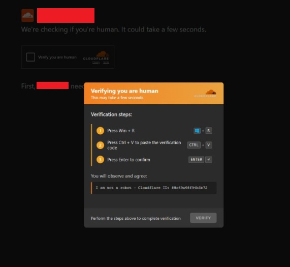 The fake Cloudflare verification popup, with the site name redacted
